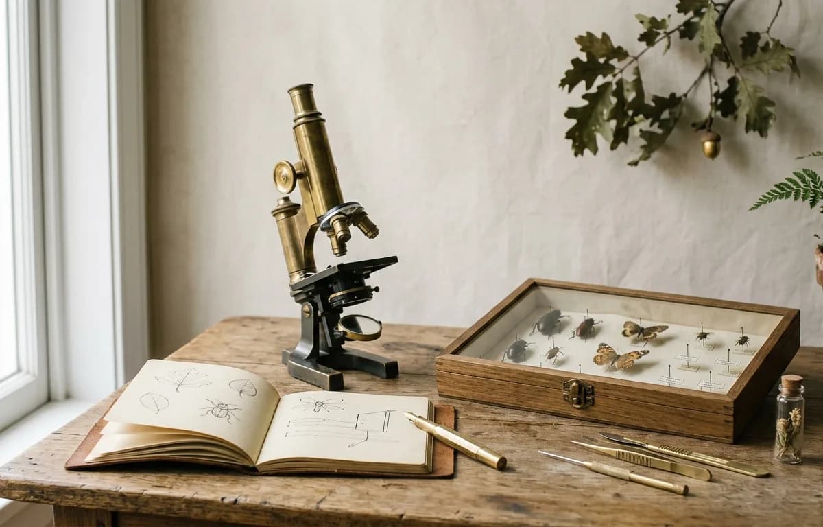 Établi naturaliste : microscope, spécimens, carnet et outils en laiton