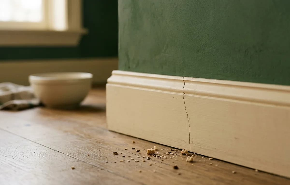 Plinthe de cuisine éclairée chaudement, fines traces