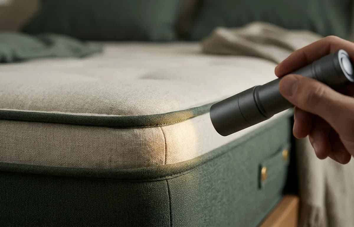 Couture de matelas inspectée à la lampe torche en pièce tamisée