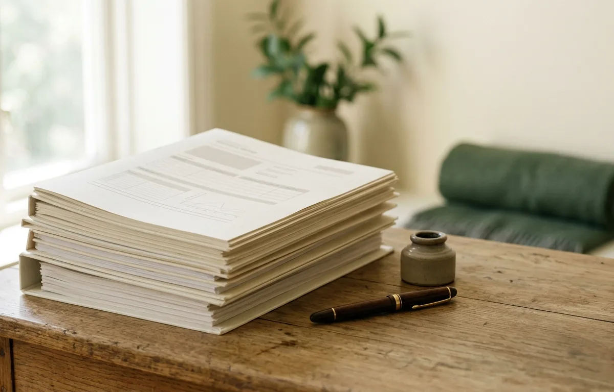 Documents officiels et fiches de sécurité sur un bureau en bois