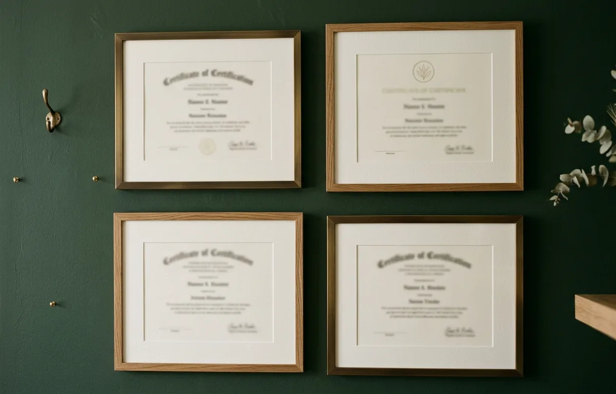 Certificats encadrés sur un mur vert forêt, détails laiton