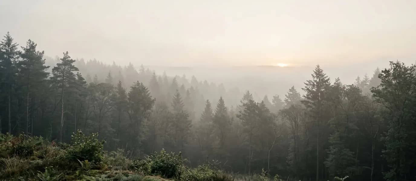 Paysage large et brumeux de forêt luxembourgeoise à l'aube