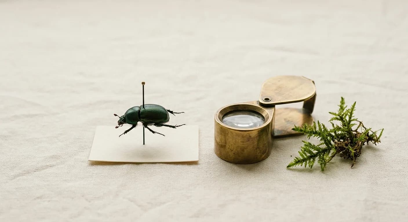 Spécimen d'insecte épinglé, loupe en laiton et brin de mousse sur fond crème