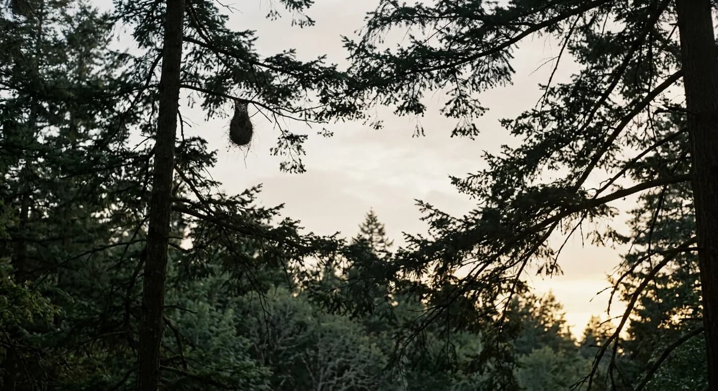 Houppier d'arbres au crépuscule, nid lointain suspendu