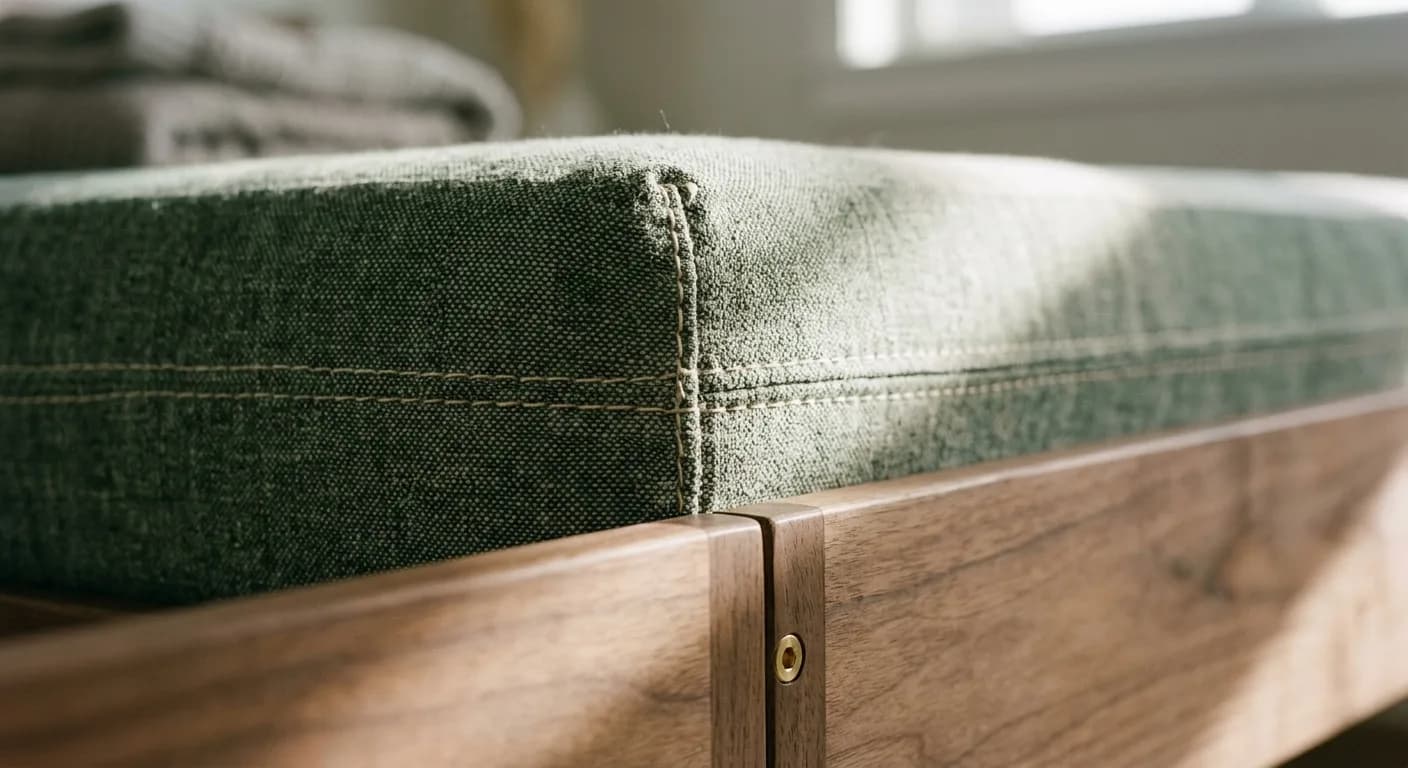Détail d'une couture de matelas et d'un cadre en bois à la lumière rasante