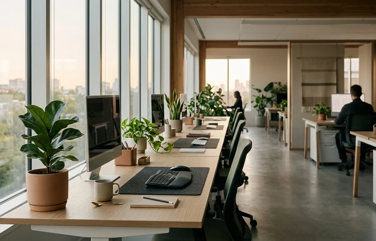 Open-space de bureaux modernes à l'aube, calme