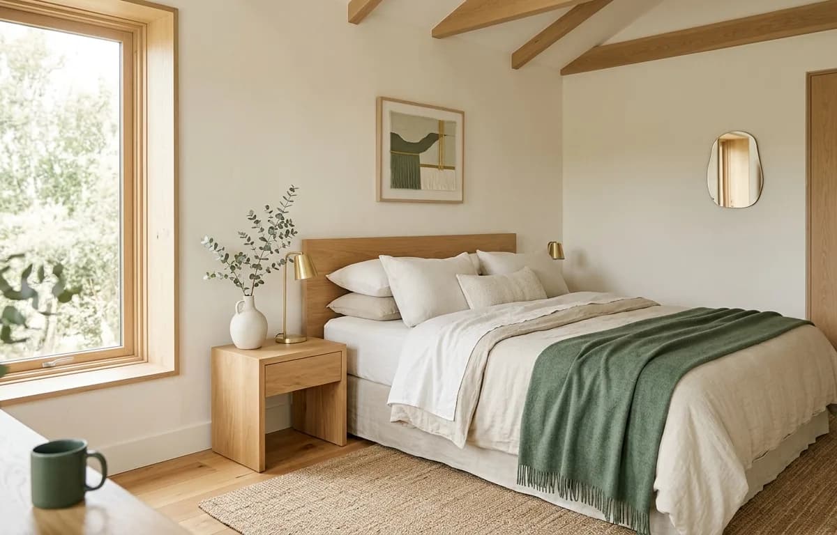 Chambre d'hôtel boutique minimaliste, bois et lin crème