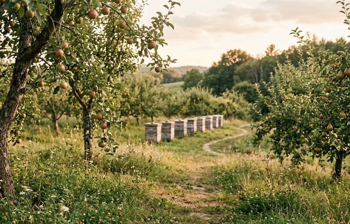 Verger d'arbres fruitiers au soir d'été, ruches au loin