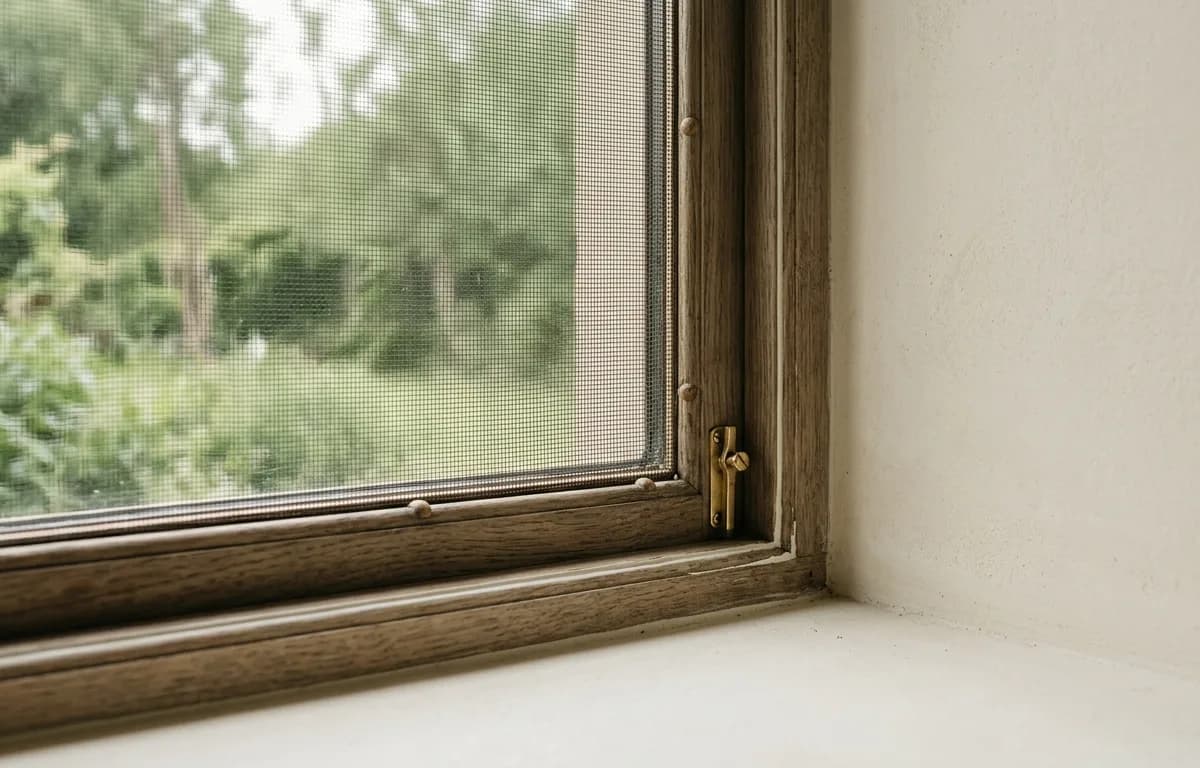 Détail d'une moustiquaire fine à une fenêtre, lumière douce