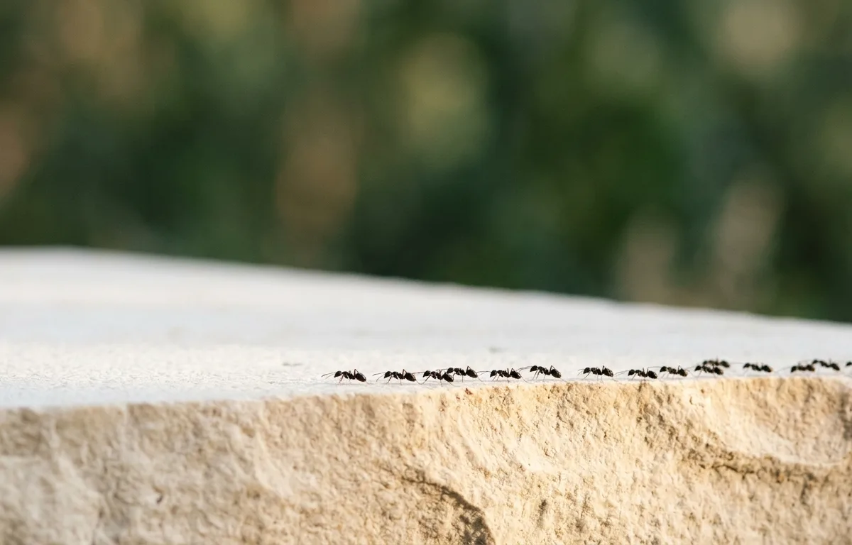 Silhouette macro de fourmis sur pierre ensoleillée