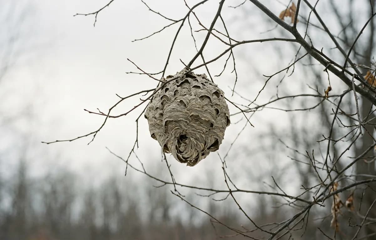 Nid de frelons en papier dans des branches nues