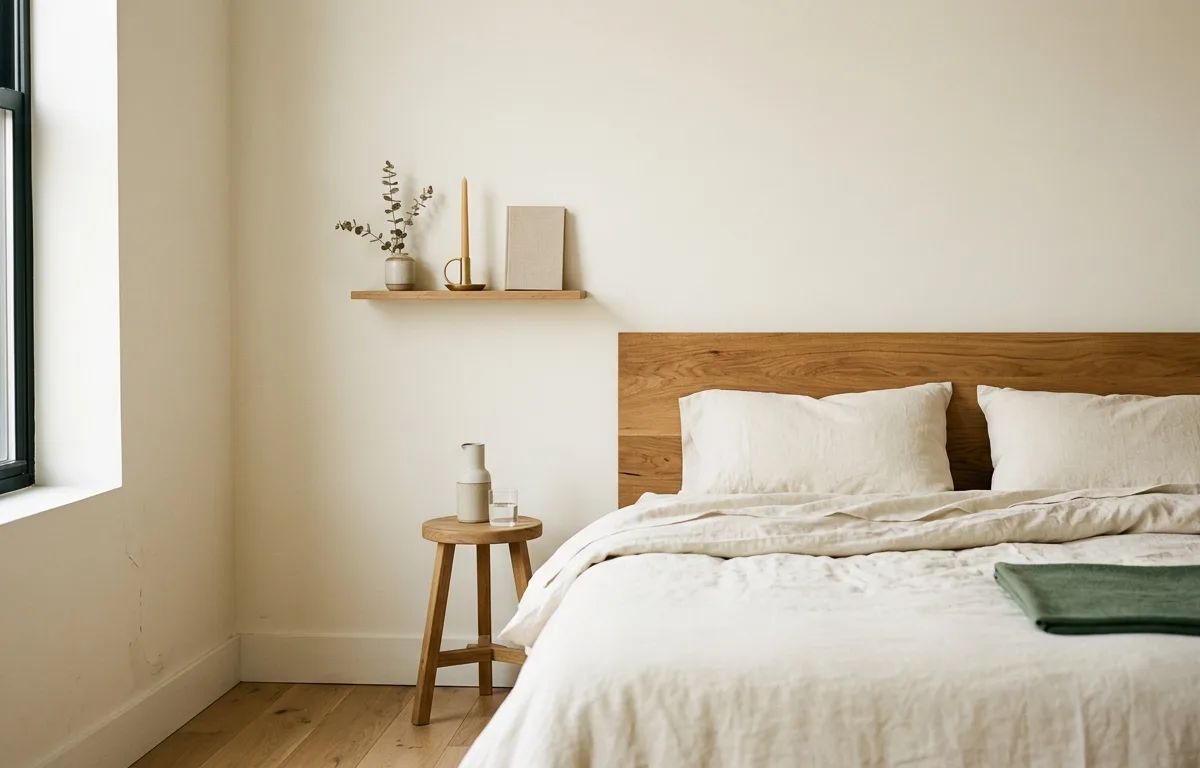 Coin de chambre minimaliste, lit fait en lin crème, lumière du matin