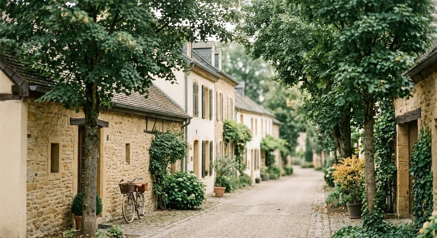Rue résidentielle calme avec arbres et maisons en grès à Bertrange