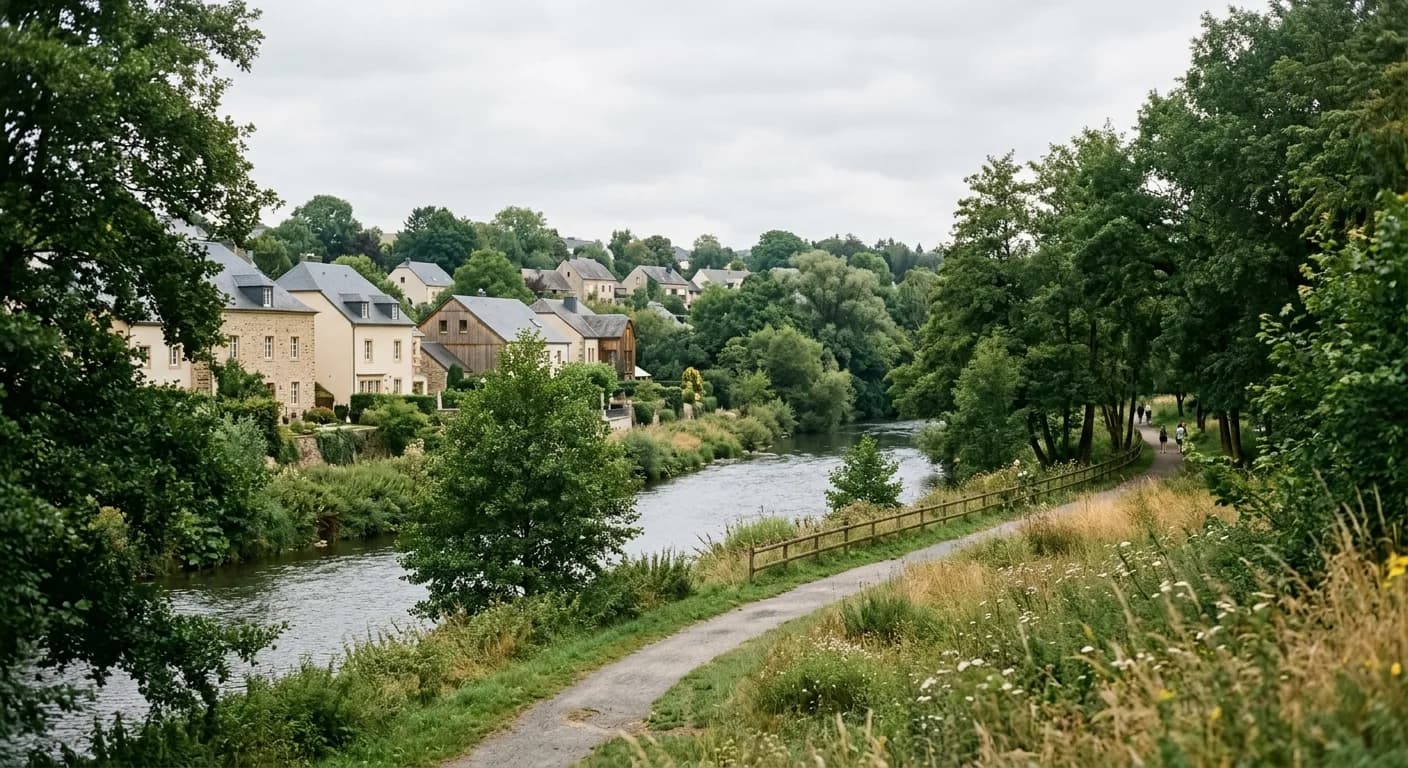 Parc verdoyant en bord de rivière et maisons à Hesperange